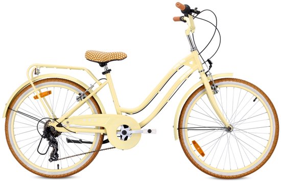 SUN BABY Heart Bike Kinderfiets 24 inch meisjes van 8 tot 12 jaar, Butter Yellow, Fiets voor een meisje met 7 versnellingen, bagagedrager, metalen spatborden, V-brake, kettingkast