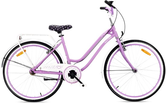 SUN BABY HEART BIKE Stadsfiets dames 26", fiets voor vrouwen, damen, meisjes, fiets 26 inch - 7 versnellingen, V-brake, stalen frame, bagagedrager, spatborden - Paars