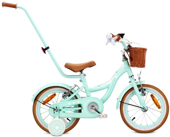 Sun Baby Kinderfiets 14 Inch FLOWER BIKE Retro, Fiets voor Meisje 3-5 Jaar, Max 50 kg - V-brakes, zijwielen, bel, reflectoren, stalen frame, verstelbaar - Mint van Merkloos