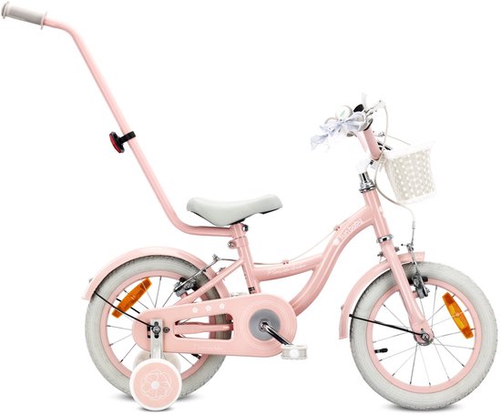 Sun Baby Kinderfiets 14 Inch FLOWER BIKE Retro, Fiets voor Meisje 3-5 Jaar, Max 50 kg - V-brakes, zijwielen, bel, reflectoren, stalen frame, verstelbaar - Roze van Merkloos