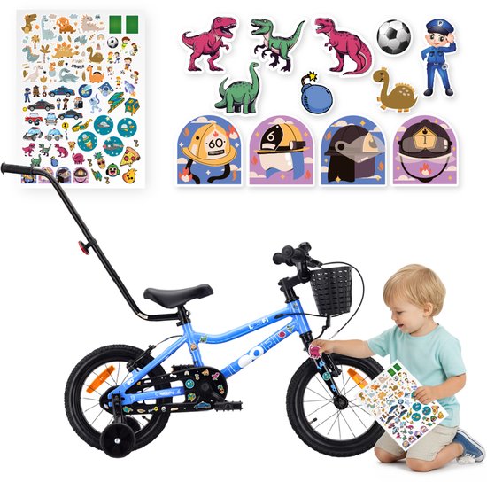 Sun Baby Kinderfiets 14 Inch LOOFI, Fiets voor Jongen 3-5 Jaar, Max 50 kg - lichtgewicht 7,2 kg, aluminium frame, met zijwieltjes, mandje, bel, stickers - Blauw van Merkloos