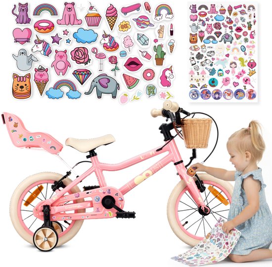 Sun Baby Kinderfiets 14 Inch LOOFI, Fiets voor Meisje 3-5 Jaar, Max 50 kg - lichtgewicht 7,2 kg, aluminium frame, met poppenzitje, zijwieltjes, mandje, bel, stickers - Roze van Merkloos