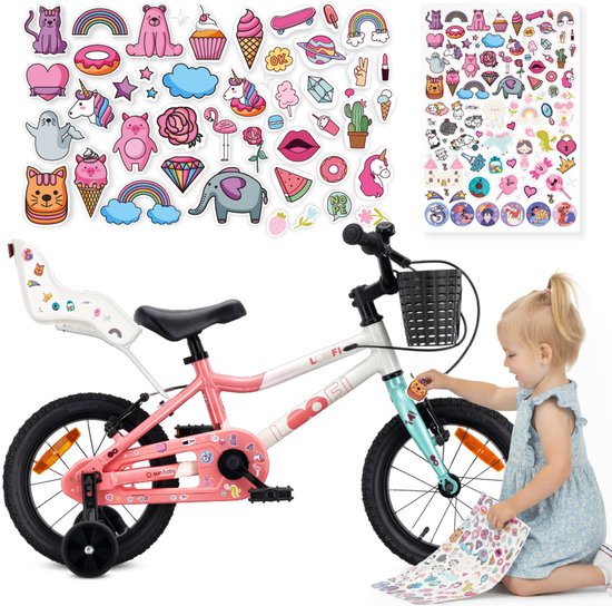 Sun Baby Kinderfiets 14 Inch LOOFI, Fiets voor Meisje 3-5 Jaar, Max 50 kg - lichtgewicht 7,2 kg, aluminium frame, met poppenzitje, zijwieltjes, mandje, bel, stickers - Wit-Roze-Mint van Merkloos