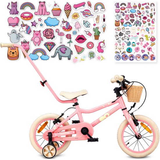 Sun Baby Kinderfiets 14 Inch LOOFI, Fiets voor Meisje 3-5 Jaar, Max 50 kg - lichtgewicht 7,2 kg, aluminium frame, met zijwieltjes, mandje, bel, stickers - Roze van Merkloos
