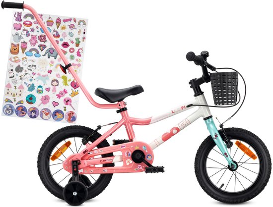 Sun Baby Kinderfiets 14 Inch LOOFI, Fiets voor Meisje 3-5 Jaar, Max 50 kg - lichtgewicht aluminium frame, met zijwieltjes, mandje, bel, stickers - Wit-Roze-Mint van Merkloos