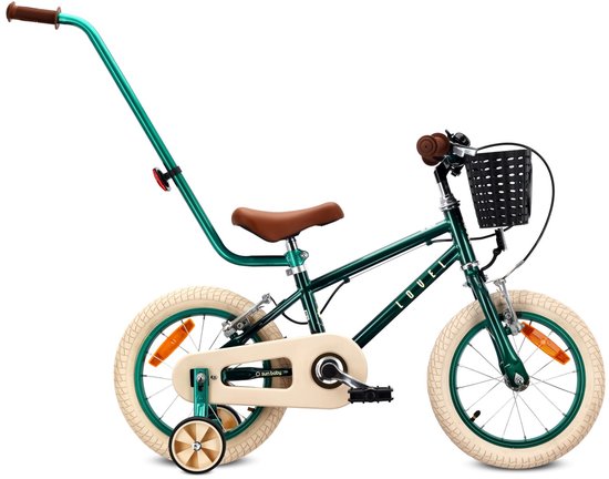 Sun Baby Kinderfiets 14 Inch LOVEL Fiets voor Jongen 3-5 Jaar, Max 50 kg - zijwieltjes, mandje, bel, kettingkast, duwstang - Donkergroen van Merkloos