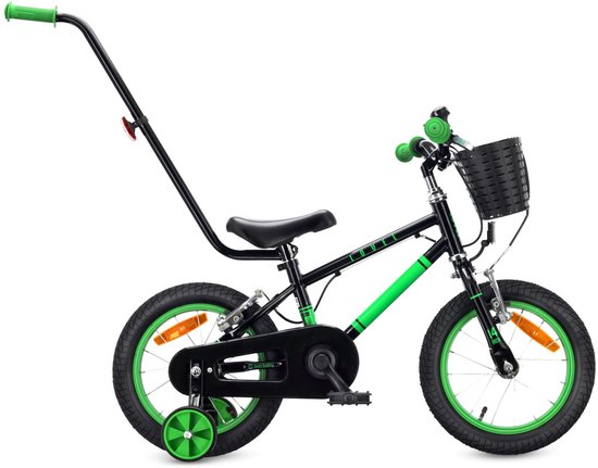 Sun Baby Kinderfiets 14 Inch LOVEL Fiets voor Jongen 3-5 Jaar, Max 50 kg - zijwieltjes, mandje, bel, kettingkast, duwstang - Zwart-Groen van Merkloos