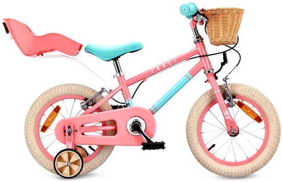 Sun Baby Kinderfiets 14 Inch LOVEL Fiets voor Meisje 3-5 Jaar, Max 50 kg - poppenstoeltje, zijwieltjes, mandje, bel, kettingkast - Roze-Muntgroen van Merkloos