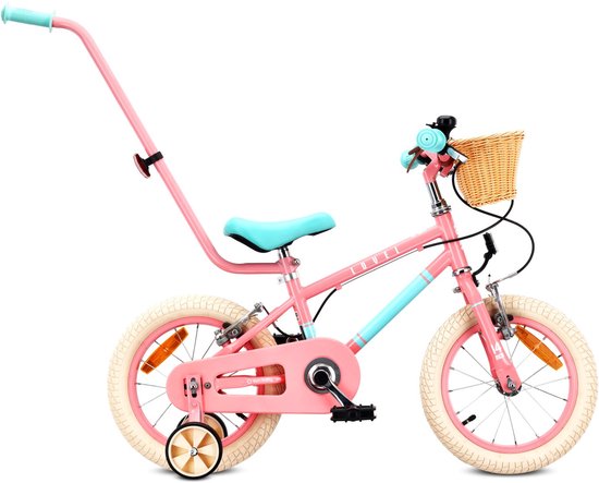 Sun Baby Kinderfiets 14 Inch LOVEL Fiets voor Meisje 3-5 Jaar, Max 50 kg - zijwieltjes, mandje, bel, kettingkast, duwstang - Roze-Muntgroen van Merkloos