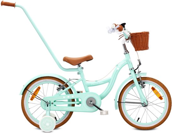 Sun Baby Kinderfiets 16 Inch FLOWER BIKE Retro, Fiets voor Meisje 4-6 Jaar, Max 50 kg - V-brakes, zijwielen, bel, reflectoren, stalen frame, verstelbaar - Mint van Merkloos