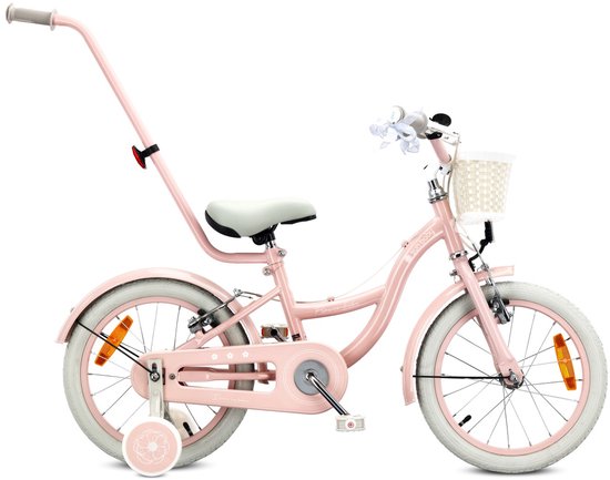 Sun Baby Kinderfiets 16 Inch FLOWER BIKE Retro, Fiets voor Meisje 4-6 Jaar, Max 50 kg - V-brakes, zijwielen, bel, reflectoren, stalen frame, verstelbaar - Roze van Sun Baby