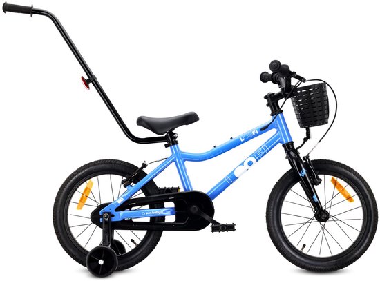 Sun Baby Kinderfiets 16 Inch LOOFI, Fiets voor Jongen 4-6 Jaar, Max 50 kg - licht aluminium frame, met zijwieltjes, mandje, bel, stickers - Blauw van Merkloos