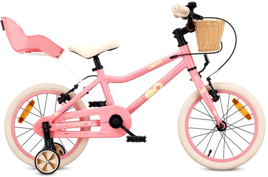 Sun Baby Kinderfiets 16 Inch LOOFI, Fiets voor Meisje 4-6 Jaar, Max 50 kg - licht aluminium frame, met poppenstoeltje, zijwieltjes, mandje, bel, stickers - Roze van Merkloos