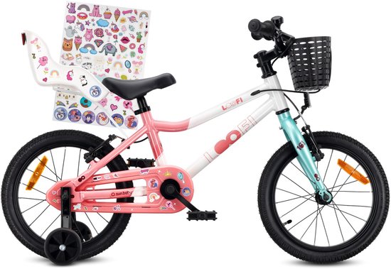 Sun Baby Kinderfiets 16 Inch LOOFI, Fiets voor Meisje 4-6 Jaar, Max 50 kg - lichtgewicht aluminium frame, met poppenzitje, zijwieltjes, mandje, bel, stickers - Wit-Roze-Mint van Merkloos
