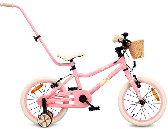 Sun Baby Kinderfiets 16 Inch LOOFI, Fiets voor Meisje 4-6 Jaar, Max 50 kg - lichtgewicht aluminium frame, met zijwieltjes, mandje, bel, stickers - Roze van Merkloos