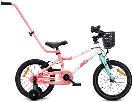 Sun Baby Kinderfiets 16 Inch LOOFI, Fiets voor Meisje 4-6 Jaar, Max 50 kg - lichtgewicht aluminium frame, met zijwieltjes, mandje, bel, stickers - Wit-Roze-Mint van Merkloos