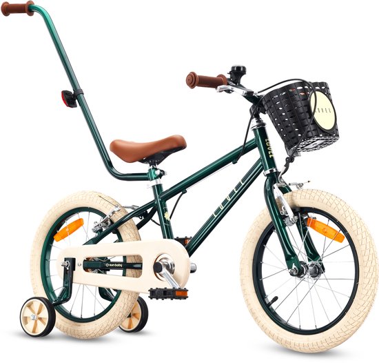 Sun Baby Kinderfiets 16 Inch LOVEL Fiets voor Jongen 4-6 Jaar, Max 50 kg - zijwieltjes, mandje, bel, kettingkast, duwstang - Donkergroen