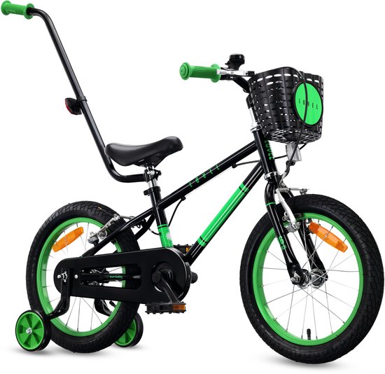 Sun Baby Kinderfiets 16 Inch LOVEL Fiets voor Jongen 4-6 Jaar, Max 50 kg - zijwieltjes, mandje, bel, kettingkast, duwstang - Zwart-Groen van Sun Baby