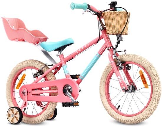 Sun Baby Kinderfiets 16 Inch LOVEL Fiets voor Meisje 4-6 Jaar, Max 50 kg - poppenstoeltje, zijwieltjes, mandje, bel, kettingkast - Roze-Muntgroen