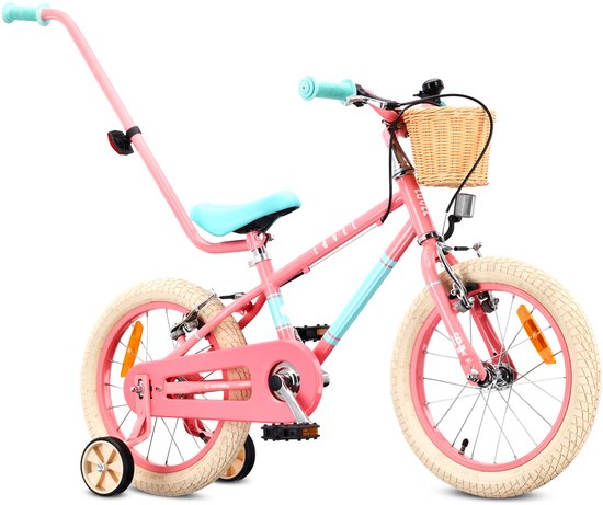 Sun Baby Kinderfiets 16 Inch LOVEL Fiets voor Meisje 4-6 Jaar, Max 50 kg - zijwieltjes, mandje, bel, kettingkast, duwstang - Roze-Muntgroen van Sun Baby