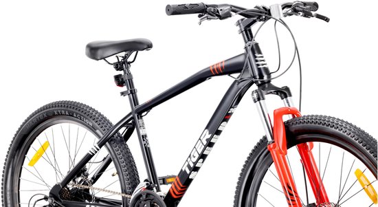 SUN BABY TIGER BIKE Mountainbike 26", MTB-fiets voor jongens en mannen, jeugd fiets 26 inch - stalen frame, 21 versnellingen, schijfremmen, vering - Zwart-Rood