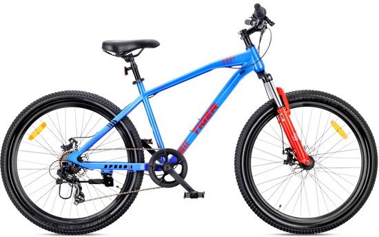 SUN BABY TIGER BIKE Mountainbike 26", MTB-fiets voor jongens en mannen, jeugd fiets 26 inch - stalen frame, 7 versnellingen, schijfremmen, vering - Blauw-Oranje