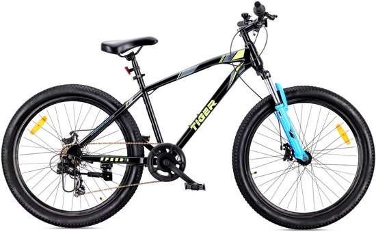 SUN BABY TIGER BIKE Mountainbike 26", MTB-fiets voor jongens en mannen, jeugd fiets 26 inch - stalen frame, 7 versnellingen, schijfremmen, vering - Zwart-Groen-Blauw