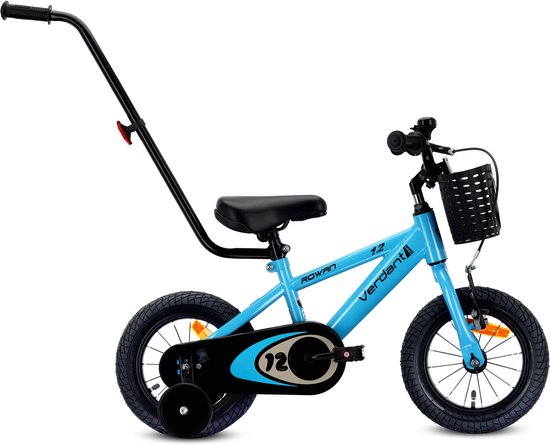 SUN BABY Verdant Bike Kinderfiets voor jongens 12 inch, leeftijd 3 tot 6 jaar, met zijwieltjes, duwstang, handrem (Blauw, 12 inch) van Sun Baby
