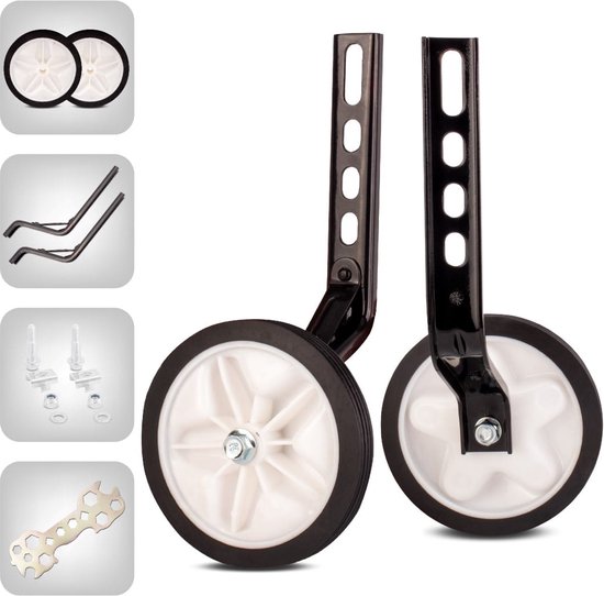 sun baby Zijwieltjes voor kinderfiets - 12-20 Inch Zwart-Wit - kunststof en staal, verstelbaar, inclusief bevestigingsschroeven van Merkloos