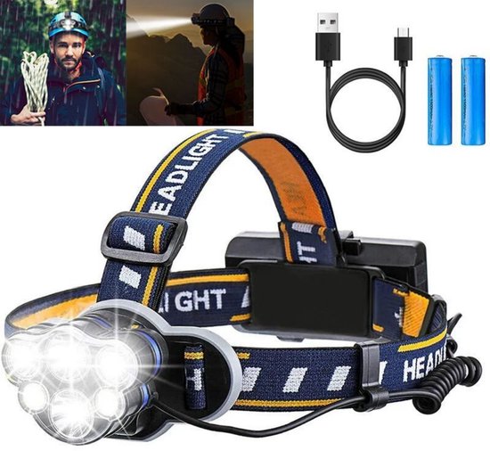 Superheldere koplamp - Oplaadbare LED-zaklamp - LED-koplamp met 6 LED's - 12000LM - 8 verlichtingsmodi - Met USB-kabel