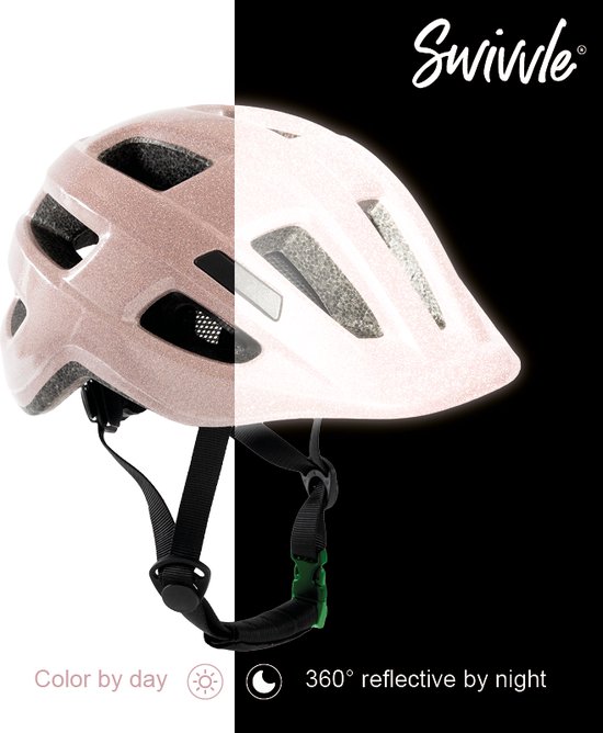 Swivvle® reflecterende fietshelm kinderen - Veilige kinderhelm zichtbaar in het donker - 360° reflector helm in Rosy Pink - maat S (51-54 cm) - model Spica van Swivvle