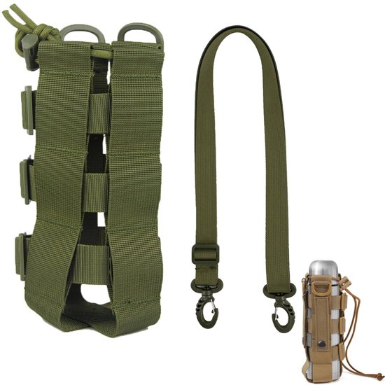 Tactische waterfles pouch - Fleshouder - met Riemclip en trekkoord - Verstelbare Schouderriem & Tactische Bevestiging - voor Waterflessen van 500 ml tot 2,3 Liter - Bergsportaccessoires - Voor wandelen camping reizen sport - militair groen