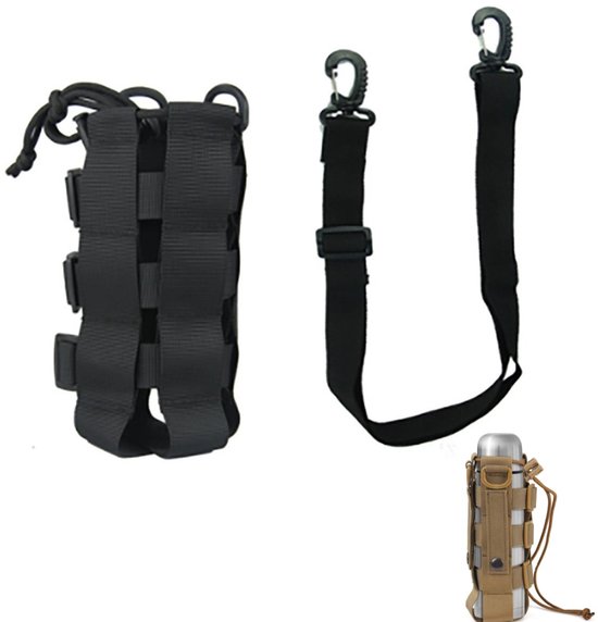 Tactische waterfles pouch - Fleshouder - met Riemclip en trekkoord - Verstelbare Schouderriem & Tactische Bevestiging - voor Waterflessen van 500 ml tot 2,3 Liter - Bergsportaccessoires - Voor wandelen camping reizen sport - zwart