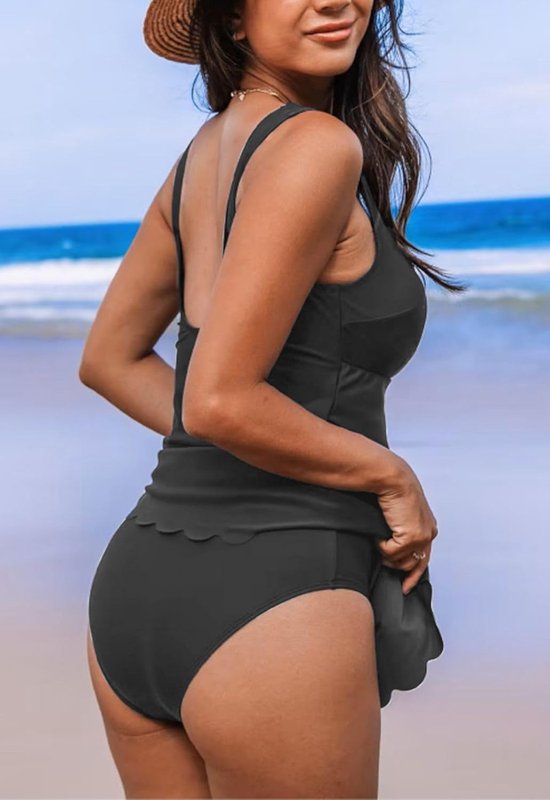 Tankini badpak voor dames, geschulpte rand, U-hals, badpak, 2-delig, met bikinibroekje, grote maat, gevoerd, push-up, tankini's set