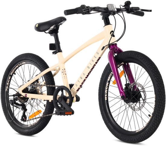 Tatra Bikes Kinderfiets 20 inch, Fiets voor Kinderen van 5 tot 8 jaar met aluminium frame, 6 derailleurversnellingen, schijfremmen, bel, voetsteun, reflectoren (Crème Violet) van Tatra Bikes
