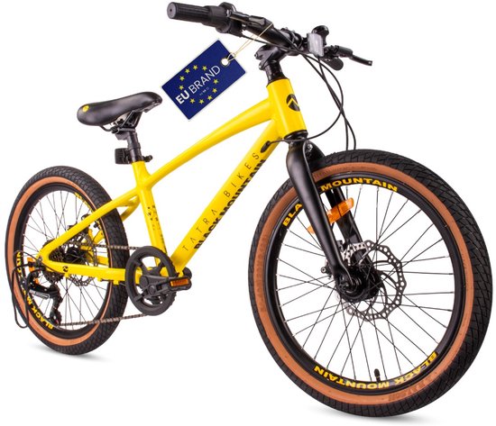 Tatra Bikes Kinderfiets 20 inch, Fiets voor Kinderen van 5 tot 8 jaar met aluminium frame, 6 derailleurversnellingen, schijfremmen, bel, voetsteun, reflectoren (Geel)