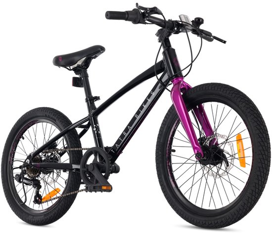 Tatra Bikes Kinderfiets 20 inch, Fiets voor Kinderen van 5 tot 8 jaar met aluminium frame, 6 derailleurversnellingen, schijfremmen, bel, voetsteun, reflectoren (Zwart Violet) van Merkloos