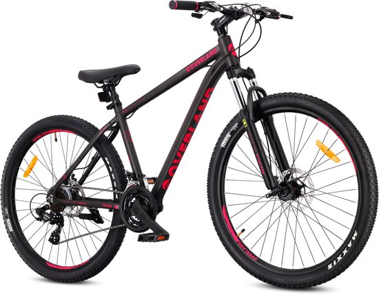 Tatra Bikes Mountainbike 27.5" Overland, MTB-fiets voor dames en heren, fiets 27.5" - 17 inch aluminium frame, 21 versnellingen, schokdemper, schijfremmen - Zwart-Fuchsia van Merkloos