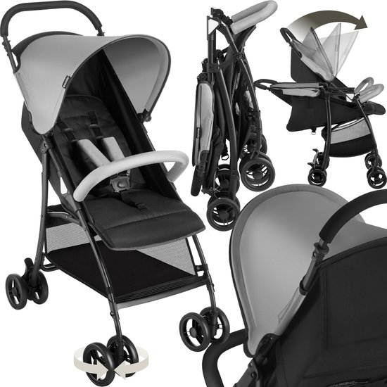 tectake® Buggy - Kinderwagen - Inklapbaar, 5-Puntsgordel, Verstelbare rugleuning en beensteun - Met rem, lichtlopende wielen - Praktische opbergmand - Zwart/grijs van TecTake