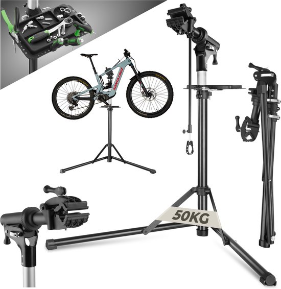 tectake® Fiets Montagestandaard - Fietsenstandaard - Fietslift - E-Bike & Fiets Reparatiestandaard - Geschikt voor alle soorten Fietsframes - Traploos Verstelbaar (106 - 169 cm) en 360° draaibaar - met Magnetische Gereedschapsbak van Tectake