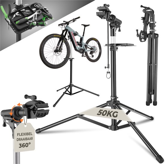 tectake® Fiets Montagestandaard - Fietsenstandaard - Fietslift - E-Bike & Fiets Reparatiestandaard - Geschikt voor alle soorten Fietsframes - Traploos Verstelbaar (117 - 180 cm) en 360° draaibaar - met Magnetische Gereedschapsbak van Tectake