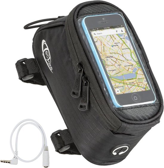 tectake® Frametas - Stuurtas - 18 x Ø8,5 cm - Frame Tas voor Fiets en Racefiets - Fietstas met Aanraakscherm voor Telefoons - Navigatiehouder - Waterafstotend - Met Kabeluitgang - Zwart