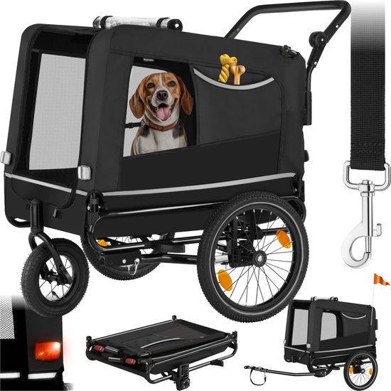 tectake® Hondenkar - Huisdierenkar - 3-in-1 - Honden Aanhanger - Hondenbuggy - Dierenkar - Fietskar - Zwart - tot 40kg - Opvouwbaar - met Vlag & Reflector van Tectake