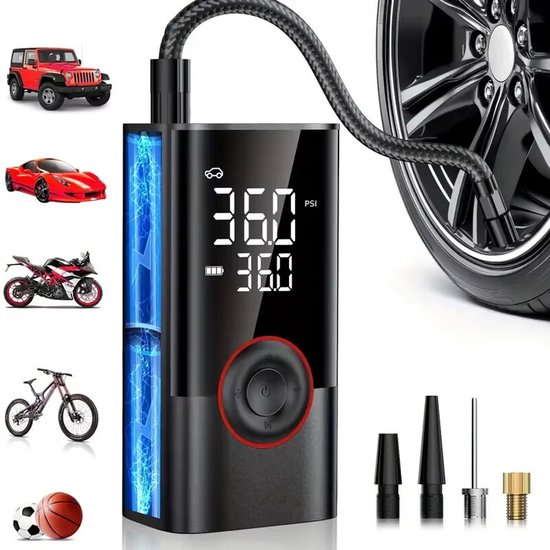 TEKROA® Compressor Bandenpomp 4000 mAh - Draagbare Luchtcompressor 35L/min - Elektrische Fietspomp met Auto-Stop & LED Zaklamp - Zwart