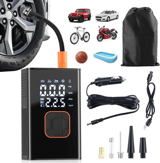 Thijox - Draagbare Bandeninflator voor Auto & Fiets - Elektrische Luchtpomp met Digitale Bandenspanningsmeter - Oplaadbare Portable Luchtcompressor vo