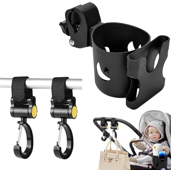 Thijox - Drankhouder voor baby's met 2 haken, verstelbare bekerhouder voor flessen, thermoskannen, mobiele telefoons, flessenhouder voor rolstoelen en