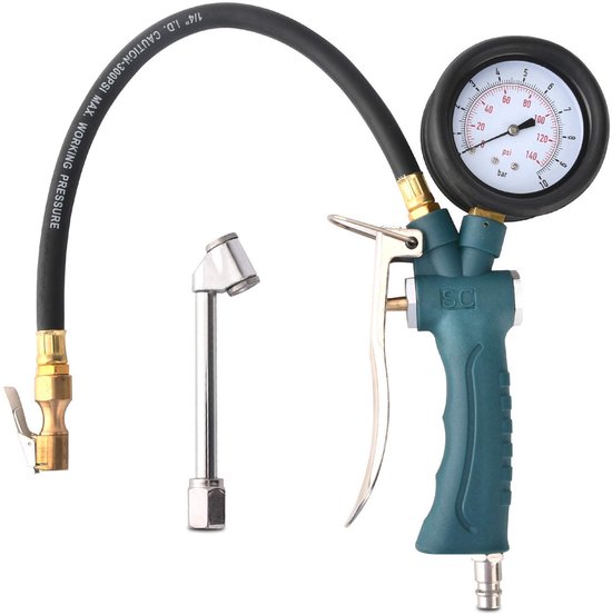 Thijox - Hoge kwaliteit perslucht bandenpomp met luchtdrukmeter, 360° draaibare manometer (0-10 bar), ideaal voor auto, motorfiets en fiets