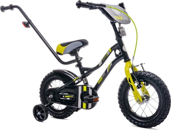 Tiger Bike Kinderfiets voor jongens 12 inch Zwart-Geel, leeftijd 2 tot 4 jaar, met zijwieltjes, duwstang, handrem van Toimsa