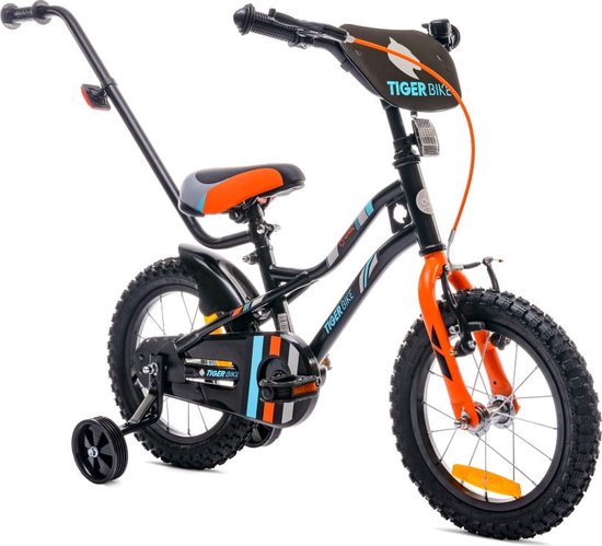 Tiger Bike Kinderfiets voor jongens 14 inch Oranje, leeftijd 3 tot 5 jaar, met zijwieltjes, duwstang, handrem van Tiger Bike