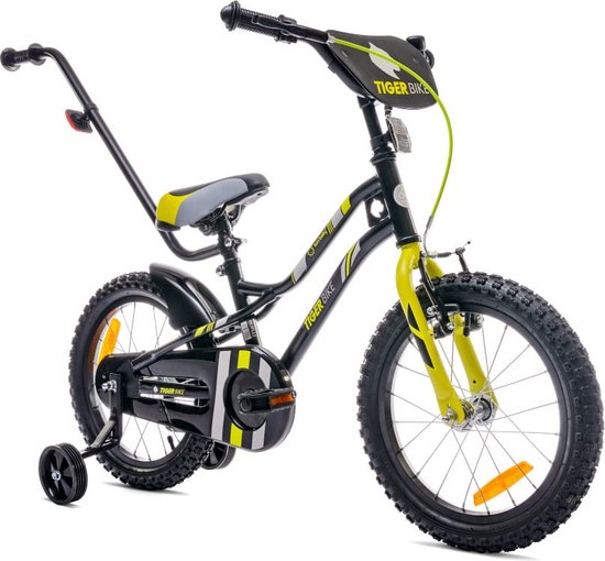 Tiger Bike Kinderfiets voor jongens 16 inch Groen, leeftijd 4 tot 6 jaar, met zijwieltjes, duwstang, handrem van Tiger Bike